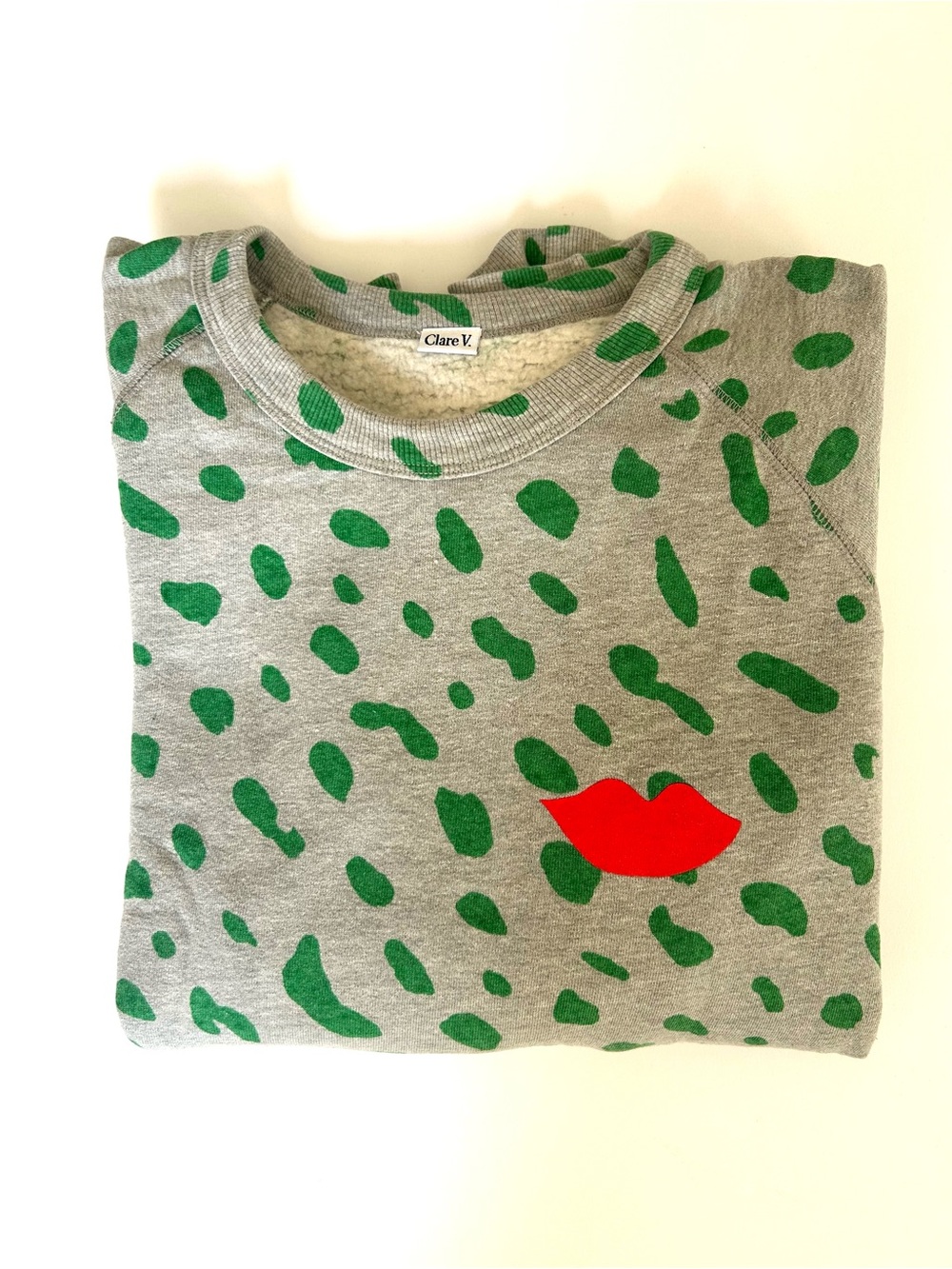 CLARE V.  Gray Sweatshirt with Green Leopard Spots and Red Lip Motif